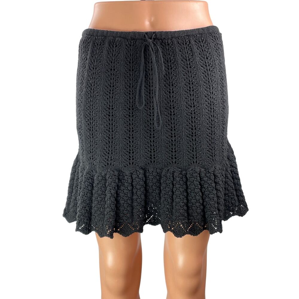 Zara Women's Black Lace Crochet Drawstring Ruffle Flare Peplum Mini Skirt Size M